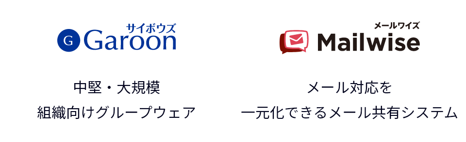 図表：2つのグループウェア製品、Garoon（中堅・大規模組織向けグループウェア）、メールワイズ（メール対応を一元化できるメール共有システム）