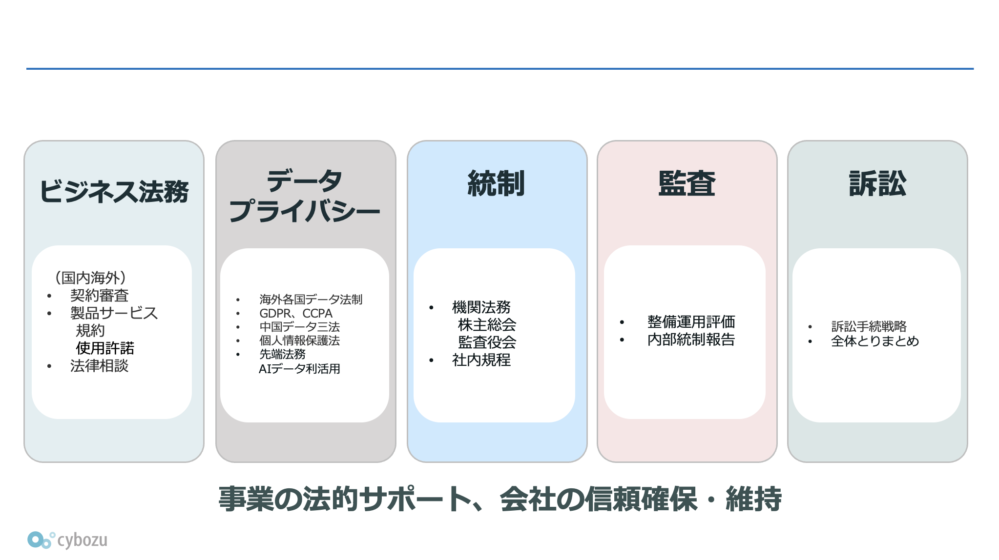 図表:法務統制チームの担当分野。法務・データプライバシー・統制・監査・訴訟の5つに分かれる。法務の担当分野は、契約、製品開発、サービス運営、プライバシー。統制の担当分野は、経営、組織、ガバナンス。監査の担当分野は、運営、チェック。