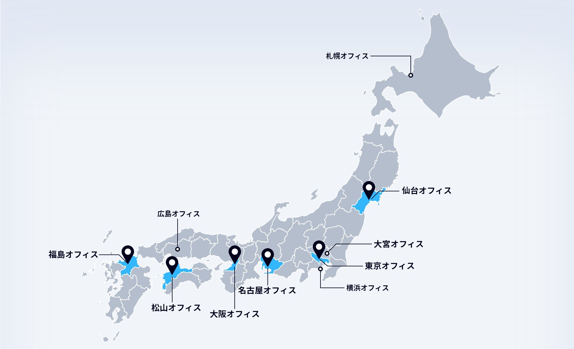 図表：各オフィスの場所を示した地図。札幌オフィス、仙台オフィス、東京オフィス、横浜オフィス、名古屋オフィス、大阪オフィス、広島オフィス、松山オフィス、福岡オフィスがある。